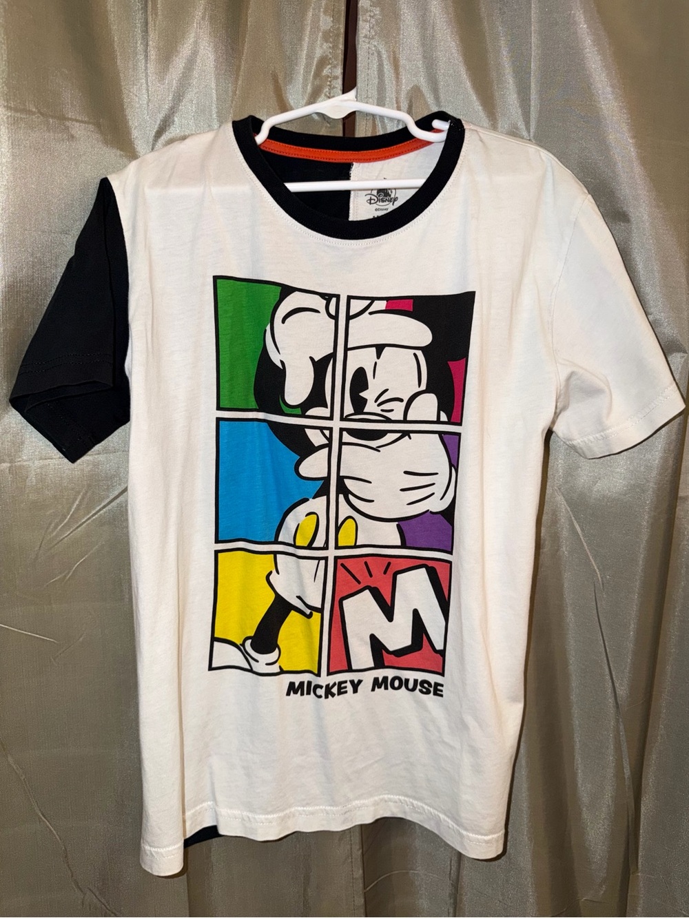 Disney Mickey Mouse White Tee with white/Black Sleeve and Colorblock Graphic